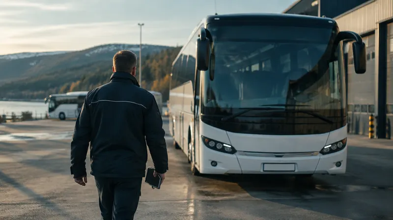 Bus driver walking to a coach at the depot