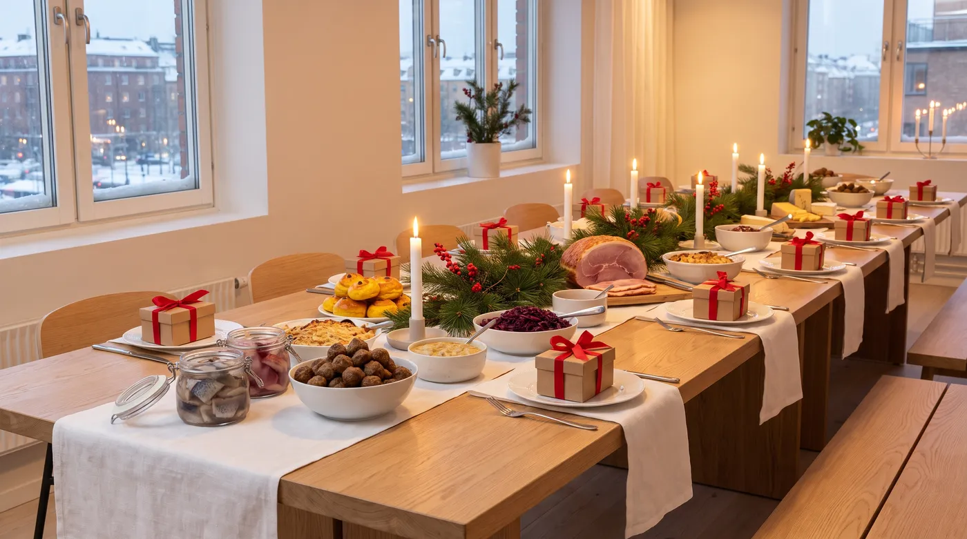 Dukat julbord med julklappar vid varje plats på ett kontor