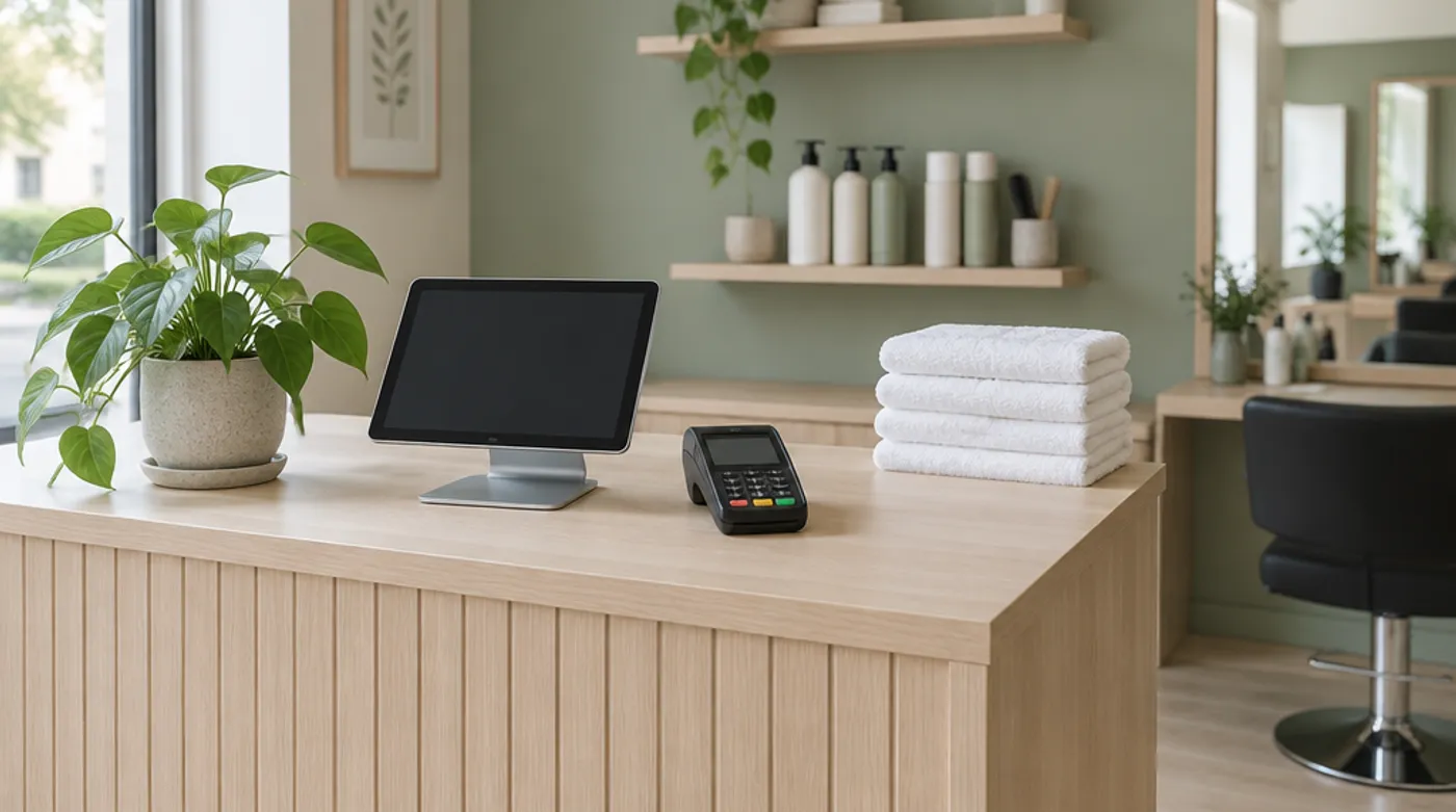 Reception at a hair salon with a tablet cash register and card terminal on the counter